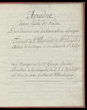 Ariadne dans l'isle de Naxe : Duo-drame en déclamation Lyrique