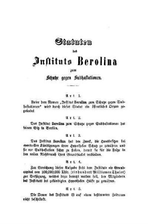 Statuten des Instituts Berolina zum Schutze gegen Subhastationen