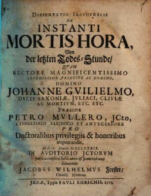 Diss. inaug. de instanti mortis hora