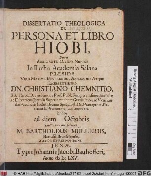 Dissertatio Theologica De Persona Et Libro Hiobi