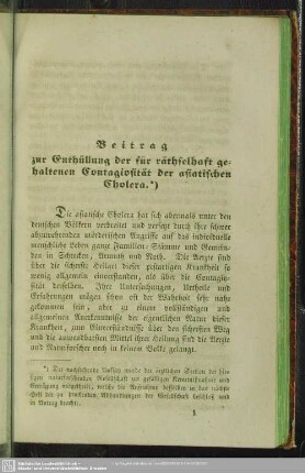 Beitrag zur Enthüllung der für räthselhaft gehaltenen Contagiosität der asiatischen Cholera