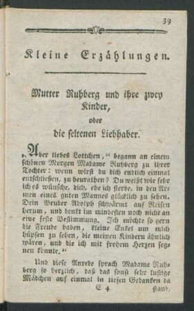 Mutter Ruhberg und ihre zwey Kinder, oder die seltenen Liebhaber.