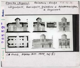 Chonika: Koimesis-Kirche, Längsschnitt, Querschnitt, Grundriss und Außenansichten