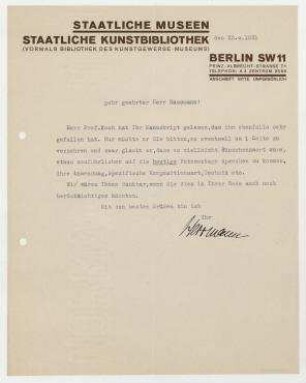 Brief Staatliche Kunstbibliothek / Wolfgang Herrmann an Raoul Hausmann. Berlin. Briefkopf: Staatliche Museen Staatliche Kunstbibliothek (vormals Bibliothek des Kunstgewerbe-Museums) Berlin SW 11 Prinz-Albrecht-Strasse 7 A