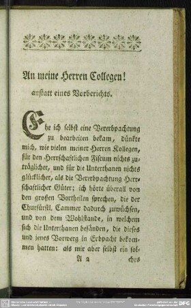 An meine Herren Collegen! anstatt eines Vorberichts