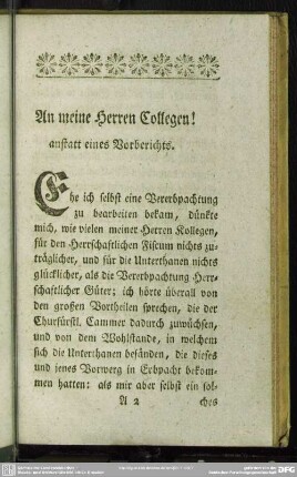 An meine Herren Collegen! anstatt eines Vorberichts