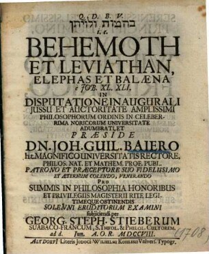 Behemoth Et Leviathan, Elephas Et Balaena, è Job. XL. XLI.
