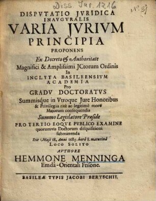 Dispvtatio Jvridica Inavgvralis Varia Jvrivm Principia Proponens