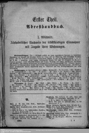 Einwohnerverzeichnis : I. Abschnitt. Alphabetischer Nachweis der selbständigen Einwohner mit Angabe ihrer Wohnungen.