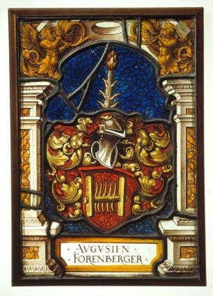 Wappenscheibe des Augustin Forenberger (Fernberger) in architektonischer Rahmung mit zwei hornblasenden Tritonen in den oberen Zwickeln
