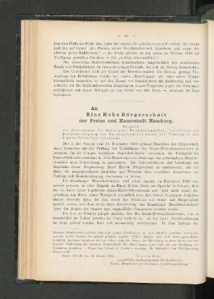 An Eine Hohe Bürgerschaft der Freien und Hansestadt Hamburg.