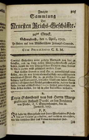 20tes Stuck. Schwabach, den 1. April, 1757.