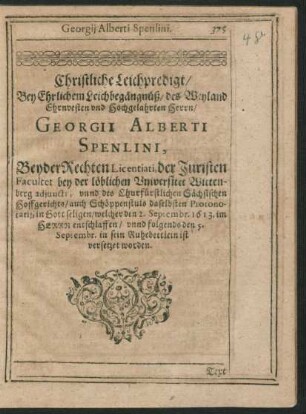 Christliche Leichpredigt/ ... Herrn Georgii Alberti Spenlini ...