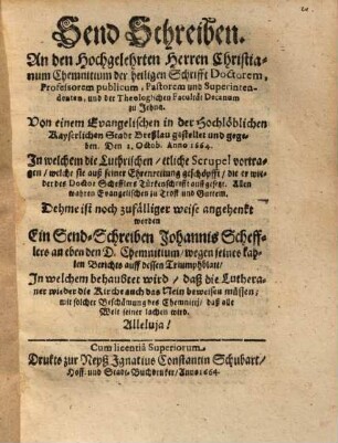 Sendschreiben an den ... Herren Christianum Chemnitium ... : 1. Oct. 1664