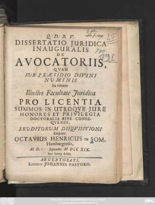 Dissertatio Juridica Inauguralis De Avocatoriis