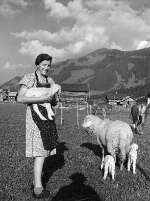 Junge Frau mit Lamm auf dem Arm und Mutterschaft mit zwei weiteren Lämmern