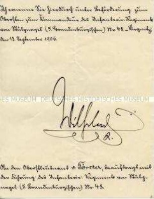 Ernennungsschreiben zum Kommandeur des Infanterie-Regimentes "von Stülpnagel" (5. Brandenburgisches) Nr. 48 und Beförderung zum Oberst
