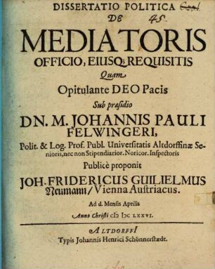 Dissertatio politica de mediatoris officio, eiusque requisitis