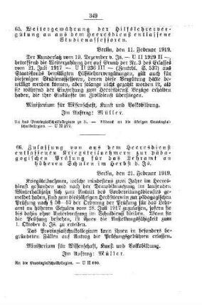 Weitergewährung der Hilfslehrervergütung an aus dem Heeresdienst entlassene Studienassessoren : [C. Allgemeine Angelegenheiten der Unterrichtsanstalten]