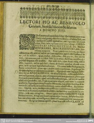 Lectori Pio Ac Benevolo Gratiam. benedictionem & salutem [Praefatio]