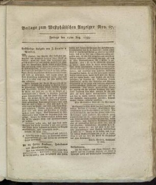 Beilage zum Westphälischen Anzeiger. Nro 67. Freitags, den 23ten August 1799. - Num. 69. Westphälischer Anzeiger. Freitags, den 30ten August 1799.