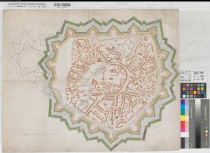 Münster (Münster) Stadtbefestigung mit projektierter Zitadelle und der Bebauung der Stadt 2.H. 17.Jh. 100 Ruten = 12 cm 58 x 74 kol. Zeichnung Bem.: Geisberg 1, S. 35 KSM Nr. 753d
