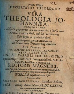 Diss. theol. de vera theologia Johannaea, ex Johan. cap. XX. vers. 31.