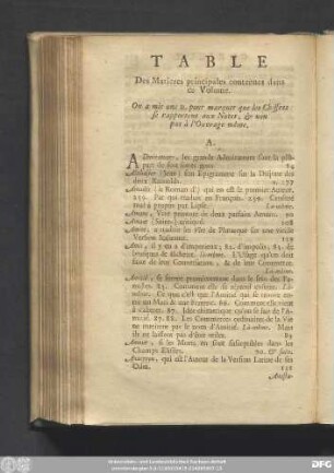 Table Des Materieres principales contenues dans ce Volume.