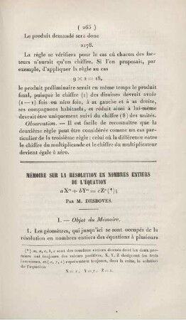 Mémoire sur la résolution en nombres entiers de l'équation ...