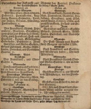 Verzeichnus der Ankunfft und Abgang der Kayserl. Posten in der Hochfürstlichen Residentz-Stadt Fulda.