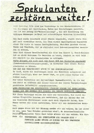 Flugschrift: Spekulanten zerstören weiter!