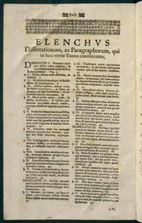 a3v-b4v, Elenchus. Dissertationum, ac Paragraphorum, qui in hoc tertio Tomo continentur