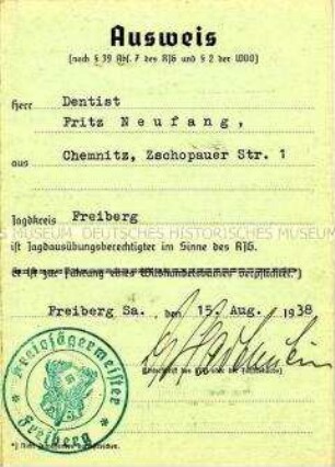 Ausweis als Jagdausübungsberechtigter für Fritz Neufang