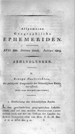 Einige Nachrichten die politischen Geographie des Schwedischen Reichs betreffend
