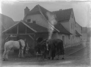 Dorfschmiede : Frohburg, Dorfschmiede. Hufschmiede beim Beschlagen der Hufe (Auflegen des heißen Hufeisens)