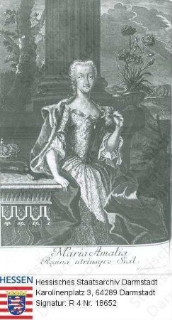 Maria Amalia Königin v. Spanien geb. Prinzessin v. Sachsen (1724-1760) / Porträt, vor Landschaftskulisse stehend, Kniestück, mit Bildlegende