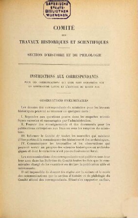 Littérature latine et histoire du moyen âge : Instructions adressées par le Comité des travaux historiques et scientifiques aux correspondants du Ministère de l'instruction publique et des beaux - arts (N. 1.)