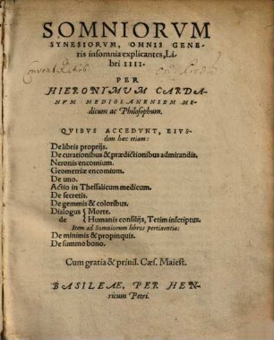 Somniorum Synesiorum Omnis Generis insomnia explicantes, Libri IIII