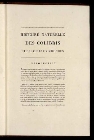 Histoire Naturelle Des Colibris Et Des Oiseaux-Mouches.