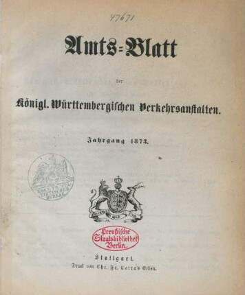 1873: Amtsblatt der Württembergischen Verkehrsanstalten