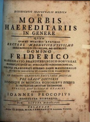 Dissertatio Inavgvralis Medica De Morbis Haereditariis In Genere
