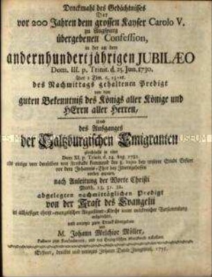 Gedenkschrift zum 200. Jahrestag der Übergabe der Augsburger Konfession an Kaiser Karl V. 1530 und des Auszugs der Salzburger Emigranten 1732