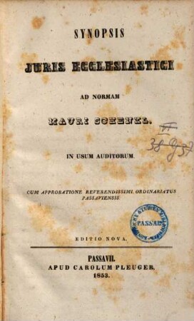 Synopsis iuris ecclesiastici ad normam Mauri Schenkl : in usum auditorum