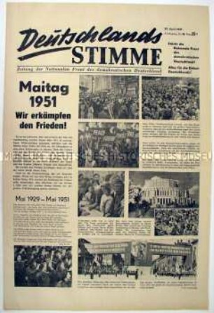 Wochenzeitung der Nationalen Front "Deutschlands Stimme" u.a. zum 1. Mai und zur Wiederbewaffnung der Bundesrepublik
