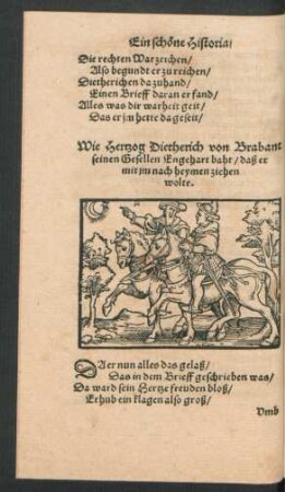 Wie Hertzog Dietherich von Brabant seinen Gesellen Engehart baht/ daß er mit im nach heymen ziehen wolte.