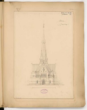 Evangelische Kirche St. Johannis, Eberswalde Monatskonkurrenz Januar 1886: Aufriss Westansicht (Eingang); Maßstabsleiste
