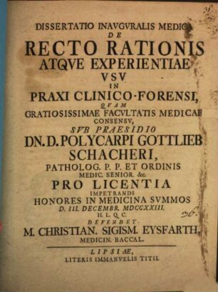 Diss. inaug. med. de recto rationis atque experientiae usu in praxi clinico-forensi