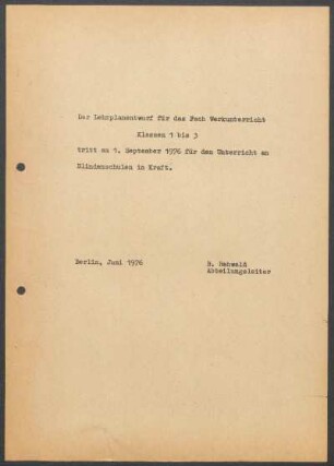 Der Lehrplanentwurf für das Fach Werkunterricht ...