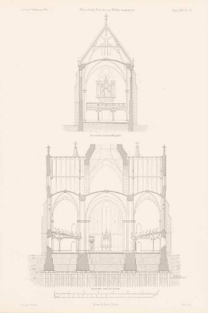 Elisabeth-Kirche, Wilhelmshaven: Querschnitt durch das Langhaus, Querschnitt durch die Vierung (aus: Atlas zur Zeitschrift für Bauwesen, hrsg. v. G. Erbkam, Jg. 24, 1874)