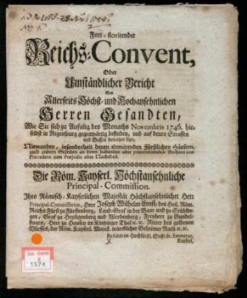 1746: Fortflorirender Reichsconvent, oder umständlicher Bericht von allerseits Höchst- und Hochansehnlichen Herren Gesandten,